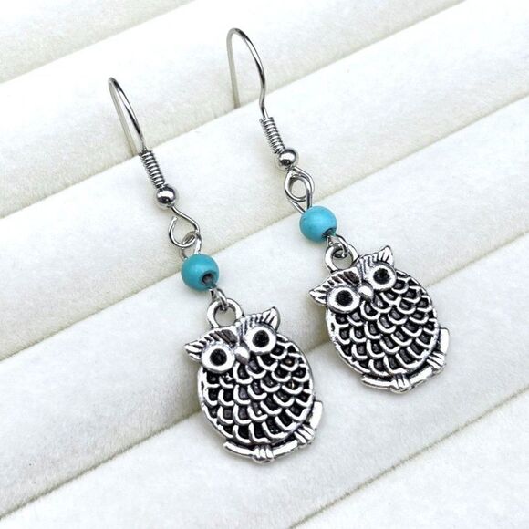 Silver Perched Owl on Branch with Blue Turquoise Beaded Dangling Hook Earrings - Picture 5 of 7